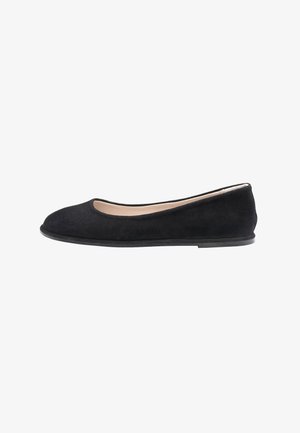 Black suede ballet flat with a rounded toe, minimalistic design, and a low black rubber sole. Soft texture without visible embellishments.