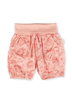 Pink baby shorts with floral and bird print, elastic waistband and leg cuffs, and front patch pockets.