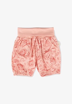 Rosa Baby-Shorts mit Blumen- und Vogelmuster, elastischem Bund und Beinabschlüssen sowie aufgesetzten Taschen vorne.