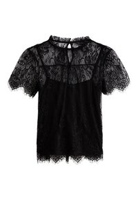 Black lace blouse with short sleeves, sheer fabric, round neckline, and keyhole detail at the back. Lace pattern with scalloped edges.