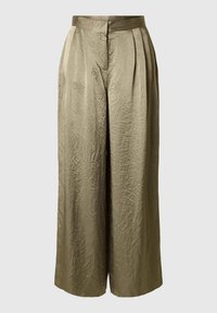 Wide-leg trousers in metallic olive green satin. Features front pleats and a smooth waistband, with a slightly crinkled texture.