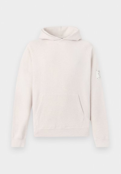 Light gray hoodie made of soft fabric, featuring a front pocket, raglan sleeves, and a stitched tag on the left sleeve.