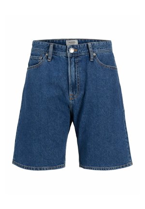 Shorts denim blu a vita alta con bottone frontale, chiusura con cerniera, passanti per cintura e tasche anteriori.