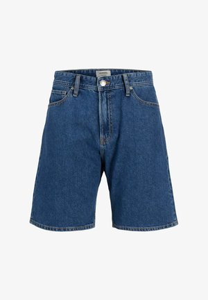 Shorts denim blu a vita alta con bottone frontale, chiusura con cerniera, passanti per cintura e tasche anteriori.