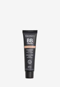 Tubo di GOSH BB Cream di colore nero con una striscia bronzo chiaro. Il testo include "Fondotinta Primer Idratante" e SPF 15. Capacità di 30 ml.