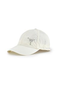 Cream-colored cap made from textured fabric. Features a curved brim and printed logo on the front. Lightweight with a breathable design.
