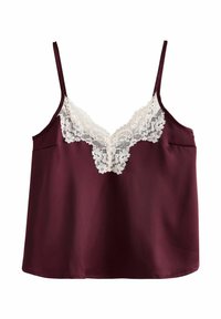 Camisolă din satin burgund cu dantelă în jurul gâtului, având bretele ajustabile și un buzunar pe partea stângă.