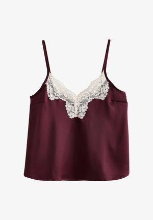Burgundska satenska majica na naramnice s čipkastim rubom oko izreza, s prilagodljivim naramenicama i žepom s lijeve strane.