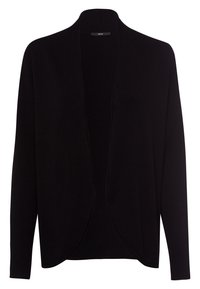 Cardigan noir avec un devant ouvert, manches longues et un motif en tricot texturé. Il présente un ourlet incurvé et un design minimaliste.