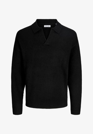 Schwarzer Strickpullover mit kurzem Kragen, gerippten Bündchen und Saum. Weiche Textur mit lockerem Schnitt und minimalistischem Design.