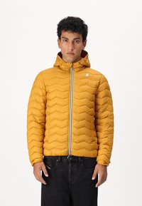 Giacca a vento gialla con cuciture a zig zag, chiusura lampo frontale e cappuccio integrato. Tessuto leggero, vestibilità aderente, adatta per l'abbigliamento casual.