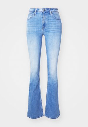 Lichtblauwe flared jeans van denim, met een hoge taille, een traditionele vijf-pocket ontwerp en een geleidelijke kleurverloop naar de zoom.