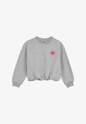 Hanorac gri din bumbac, cu croială scurtă, guler și manșete striate. Prezintă o mică grafică roșie cu soare în partea din față. Textură fină.