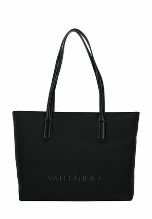 Sac cabas noir avec poignées en cuir lisse, logo "VALENTINO" embossé sur le devant, forme rectangulaire, et corps en tissu texturé.