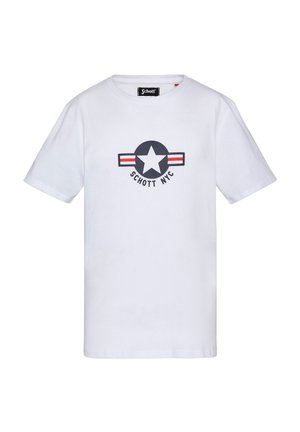 T-shirt en coton blanc avec un design graphique présentant une étoile noire et des rayures rouges. Manches courtes et col rond.