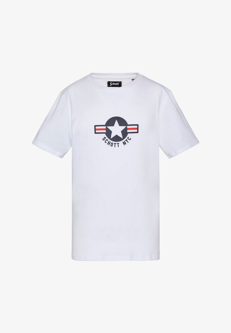 T-shirt en coton blanc avec un design graphique présentant une étoile noire et des rayures rouges. Manches courtes et col rond.