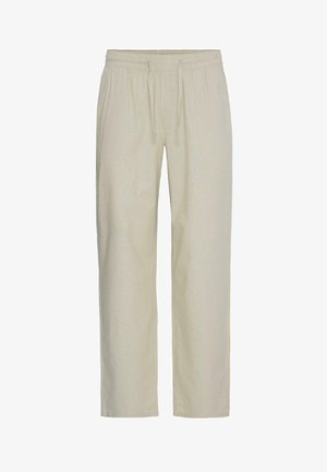 Beežid sirge lõikega püksid, millel on elastne vöökoht ja nöörkinnitus, nähtavad taskud ega kaunistused puuduvad.