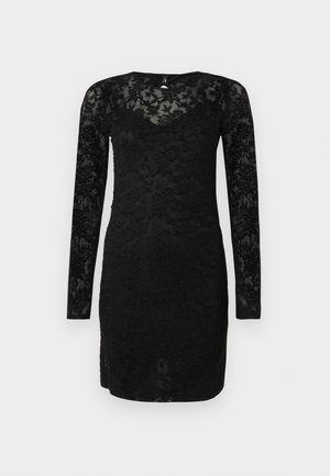 Sorte blonder langærmet kjole med en tætsiddende silhuet, v-udskæring og blomstermønster. Teksturen er gennemsigtig med et lagdelt design.