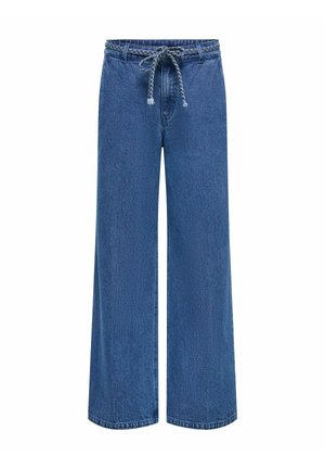 Bredde blå denimbukser med snøre i taljen, med en fletning af rebdetalje. Glat tekstur og klassisk fem-lomme design.