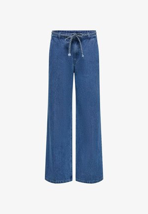 Pantaloni in denim blu a gamba larga con vita regolabile, caratterizzati da un dettaglio in corda intrecciata. Texture liscia e design classico a cinque tasche.