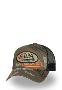 Gorra marrón con parte trasera de malla, con el logo "Von Dutch" en color crema con detalles naranjas. El diseño incluye varios patrones y texturas impresas.