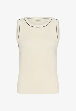 Krem top brez rokavov z rebrastim vzorcem in črnim trakom ob izrezu, okrog izrezov za roke in ramenih, z oznako "CREAM" na ovratniku.