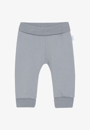 Helle graue Babyhose aus weichem Material mit umgeschlagenem Bund und Bündchen, nahtlosem Design und einem kleinen seitlichen Stoffetikett.