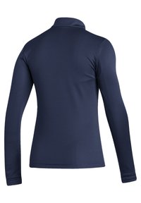 Marineblaues Langarmhemd mit hohem Kragen. Hergestellt aus glattem, elastischem Stoff. Verfügt über ein tailliertes Design und verstärkte Nähte an den Ärmelschäften.