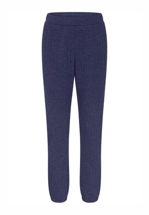 Pantaloni jogger blu navy realizzati in tessuto testurizzato, con una vita liscia e polsini affusolati. Senza tasche visibili o decorazioni.