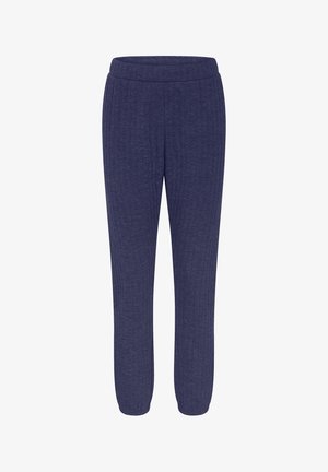 Marineblauwe joggermouwen gemaakt van textuurstof, met een gladde tailleband en taps toelopende boorden. Geen zichtbare zakken of versieringen.