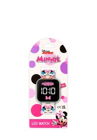 Orologio LED con quadrante quadrato nero, grande display digitale bianco e un cinturino colorato con Minnie Mouse e pois in rosa e viola.