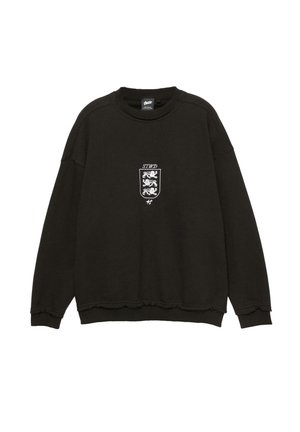 Čierna mikina s okrúhlym výstrihom, na ktorej sú tri biele levy v štíte a nad nimi text "STWD" na hrudi, s rebrovanými manžetami a lemom.