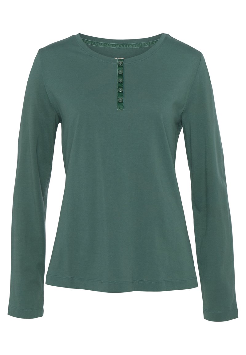 Camicia in cotone verde a maniche lunghe con scollatura rotonda e una pattina con sei bottoni scuri sul davanti. Texture morbida.