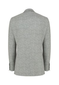 Szary żakiet w wzór jodełki o dopasowanym kroju, z klapami w szpic i mankietami na dwa guziki. Teksturowana tkanina oraz subtelne przeszycia na szwach.