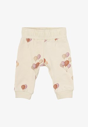 Pantalones de cintura elástica en un tono crema claro, con un patrón de globos en tonos de rosa, durazno y beige; con puños acanalados y una textura suave.