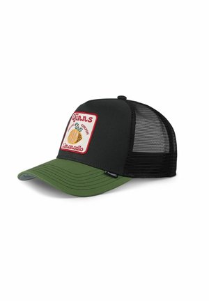 Cappellino trucker nero in rete con visiera verde, caratterizzato da una toppa ricamata rossa con un design di limone e la scritta "Limoncello."