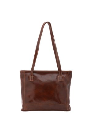 Borsa tote in pelle marrone con due manici robusti, texture liscia, forma rettangolare e cuciture a contrasto lungo i bordi.