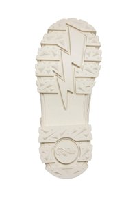 Sole of a white shoe with a lightning bolt tread pattern, circular logo with the word Buffalo, and textured grip areas.