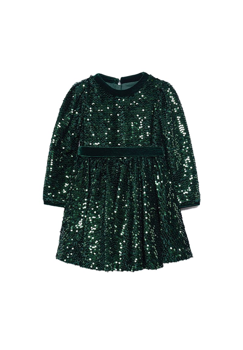 Abito verde con paillettes, maniche lunghe, scollatura rotonda e cintura in velluto. Gonna ampia con texture arricciata e superficie lucida e riflettente.