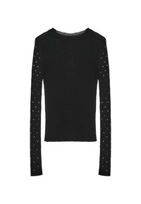 Schwarzes geripptes Langarmshirt mit Rundhalsausschnitt. Ein Arm ist mit verstreuten Strasssteinen verziert. Der Stoff scheint weich zu sein und hat eine figurbetonte Silhouette.