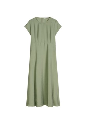 Robe midi vert clair avec manches courtes, encolure ronde, taille cintrée et fermeture éclair au dos.
