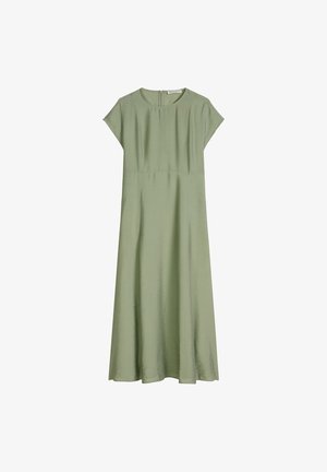 Robe midi vert clair avec manches courtes, encolure ronde, taille cintrée et fermeture éclair au dos.