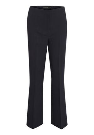 Tailored navy pants with a smooth, sleek texture, featuring a flared hem and a high waistband. No visible pockets or embellishments.