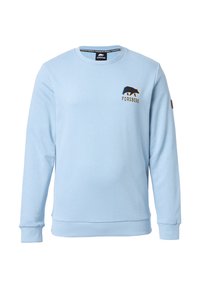 Sudadera azul claro con cuello redondo, mangas largas y puños acanalados. Presenta un colorido logo de un oso y el nombre de la marca bordados en el pecho.