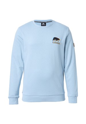 Sudadera azul claro con cuello redondo, mangas largas y puños acanalados. Presenta un colorido logo de un oso y el nombre de la marca bordados en el pecho.