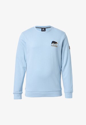 Sudadera azul claro con cuello redondo, mangas largas y puños acanalados. Presenta un colorido logo de un oso y el nombre de la marca bordados en el pecho.