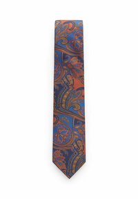 Narrow tie med paisleymönster i blått, orange och gyllene nyanser. Slät tyg med spetsig ände, med intrikata blommönster.