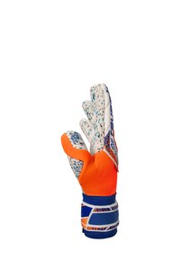 Guanto da portiere con palmo in lattice bianco e blu macchiato, dorso in tessuto arancione e cinturino blu, progettato per presa e protezione.