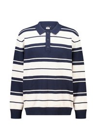 Marineblauw en crèmekleurig gestreepte langemouwen polo-trui met een dubbele knoopsluiting en geribbelde manchetten, voorzien van een zachte gebreide textuur.