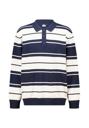 Marineblauw en crèmekleurig gestreepte langemouwen polo-trui met een dubbele knoopsluiting en geribbelde manchetten, voorzien van een zachte gebreide textuur.
